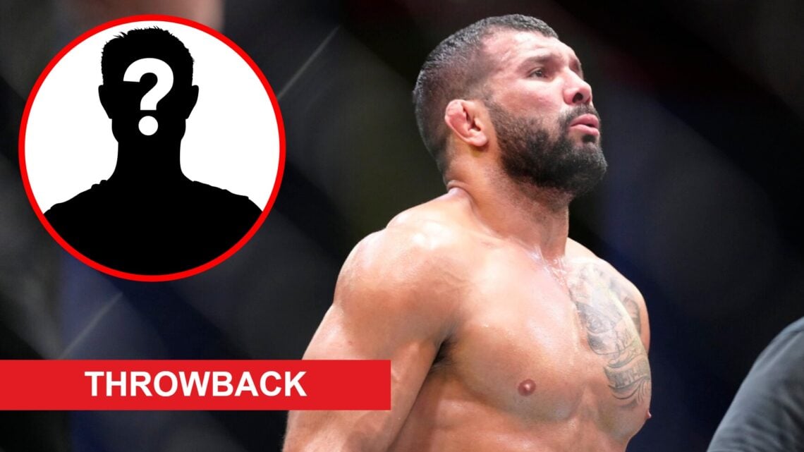 Rodolfo Vieira reacts after beating Cody Brundage at the UFC Apex, inset mystery icon and throwback banner