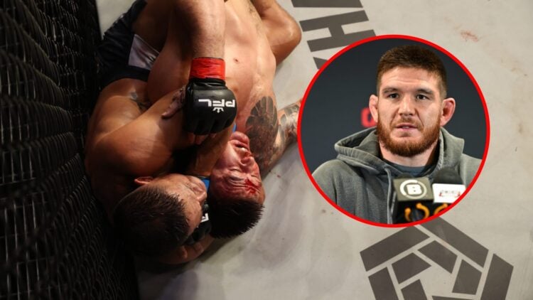 Main: Costello Van Steenis choking out Johnny Eblen at PFL South Africa. Inset: Johnny Eblen speaks during Bellator 299 media day.