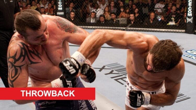 Andrei Arlovski punches Tim Sylvia at UFC 61, inset throwback banner