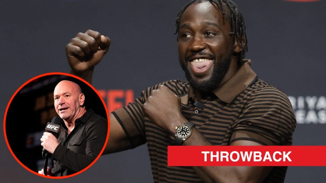 Terence Crawford on stage at the Canelo vs Crawford press conference with an inset of Dana White answering questions at UFC 297 press conference