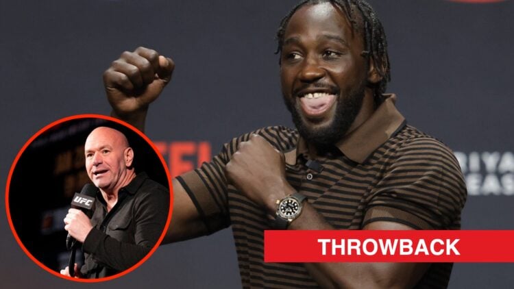 Terence Crawford on stage at the Canelo vs Crawford press conference with an inset of Dana White answering questions at UFC 297 press conference