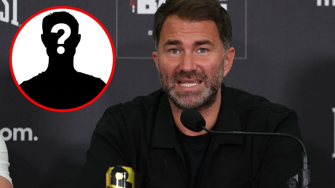 Eddie Hearn speaks at the press conference for Johnny Fisher vs Alen Babic, inset mystery icon