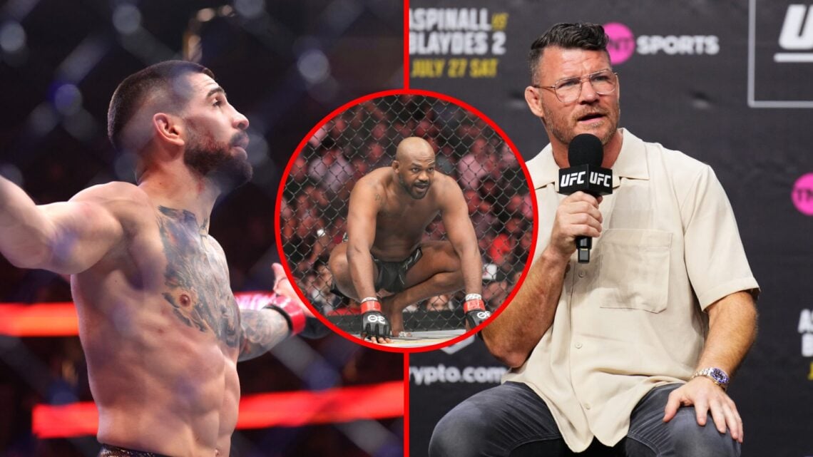 Split image of Ilia Topuria at UFC 317 and Michael Bisping at UFC 304 Q&A, inset of Jon Jones