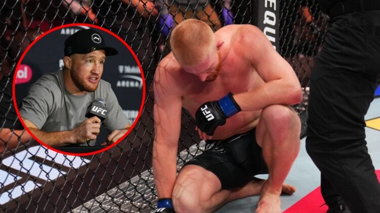 Main: Bo Nickal reacts after his loss to Reinier de Ridder at UFC Des Moines. Inset: Justin Gaethje talks to the media following UFC 313 win.