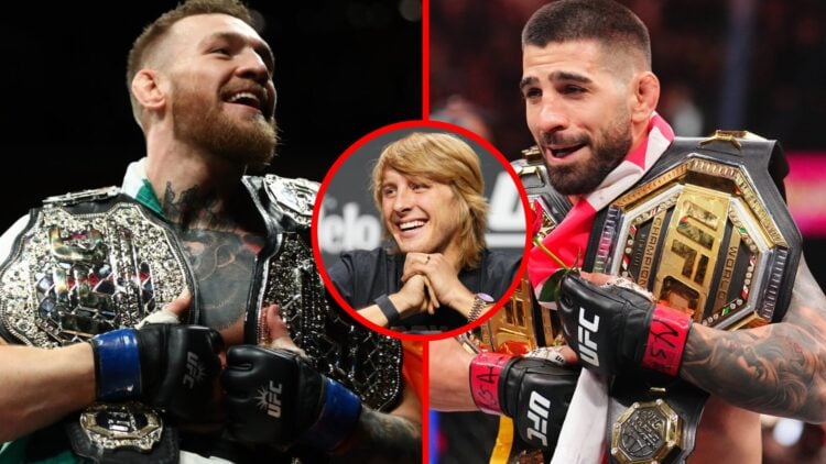 Conor McGregor and Ilia Topuria both celebrate with two UFC belts, inset Paddy Pimblett smiling at the UFC 296 press conference