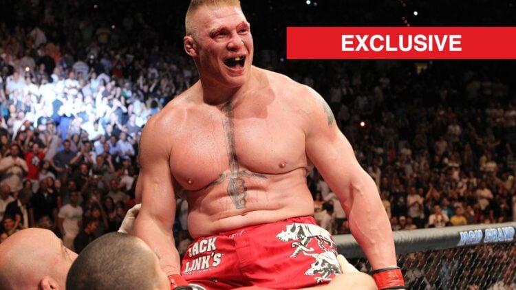 Brock Lesnar celebrates his win over Shane Carwin with an exclusive label