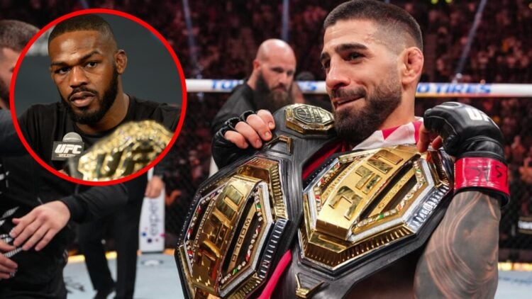 Ilia Topuria holds up two UFC titles at UFC 317, inset Jon Jones speaks at the UFC 182 post-fight press conference