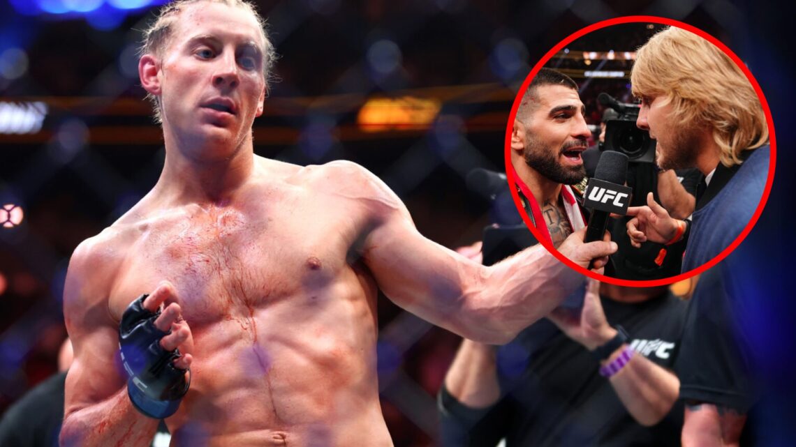 Paddy Pimblett celebrates after beating Michael Chandler at UFC 314, inset Pimblett and Ilia Topuria face-off at UFC 317
