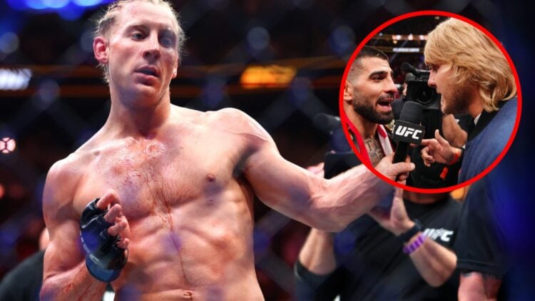 Paddy Pimblett celebrates after beating Michael Chandler at UFC 314, inset Pimblett and Ilia Topuria face-off at UFC 317
