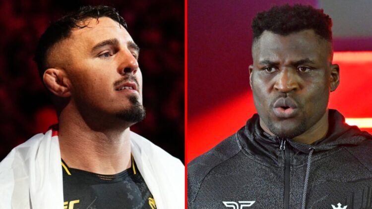Left: Tom Aspinall walks to the Octagon for his UFC 304 title fight against Curtis Blaydes. Right: Francis Ngannou walks to the cage for his PFL fi...