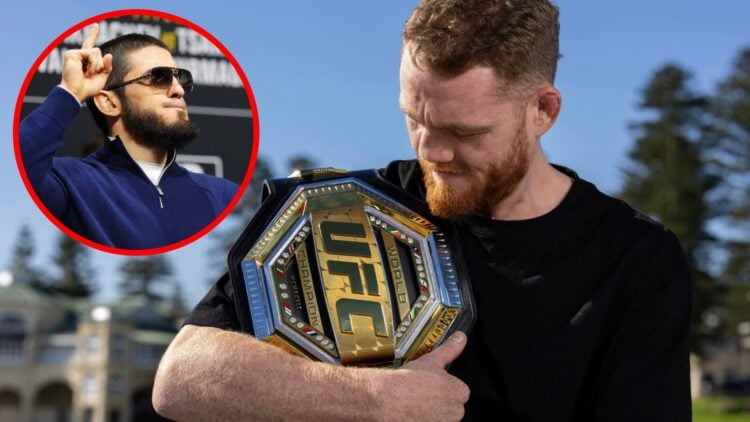 Jack Della Maddalena poses with the UFC welterweight title in Perth, Australia, inset Islam Makhachev on stage at the UFC 311 press conference