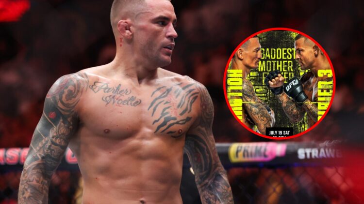 Main: Dustin Poirier in the cage during his fight against Benoit Saint-Denis at UFC 299 in Miami. Inset: The official poster for UFC 318.