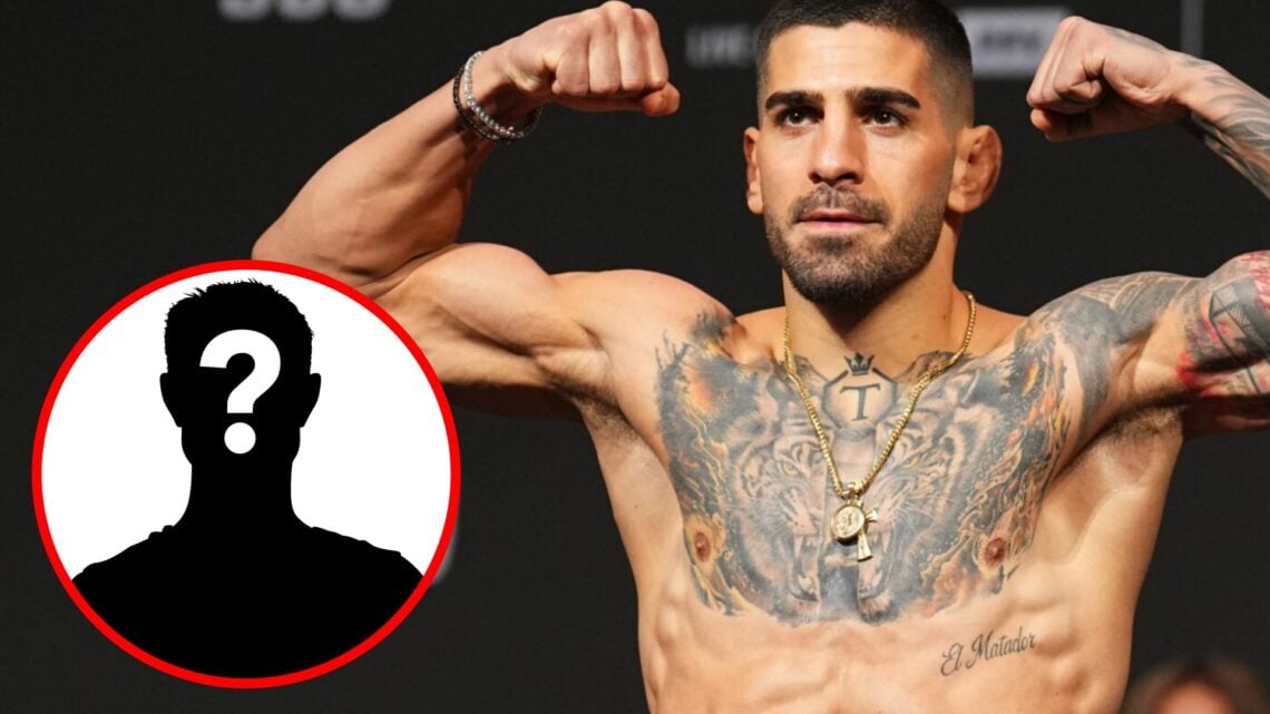Ilia Topuria poses at the UFC 308 ceremonial weigh-ins, inset mystery icon