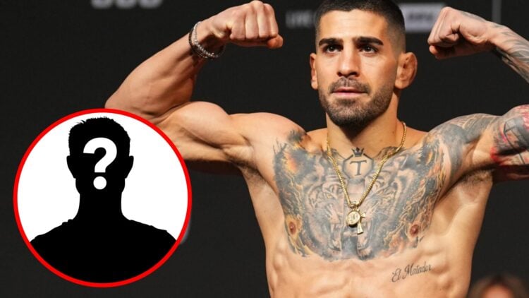 Ilia Topuria poses at the UFC 308 ceremonial weigh-ins, inset mystery icon