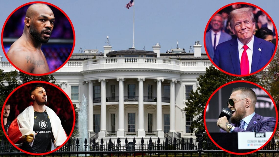 Image of the US White House with inset pop outs of Jon Jones, Tom Aspinall, Donald Trump, and Conor McGregor.