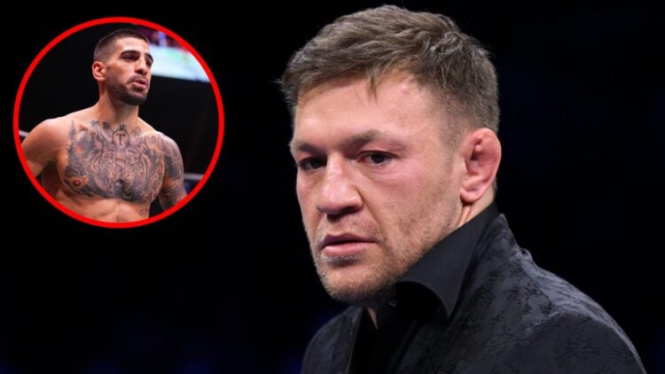 Conor McGregor attends the Katie Taylor vs Chantelle Cameron fight at the 3Arena in Dublin, inset Ilia Topuria enters the Octagon at UFC 308