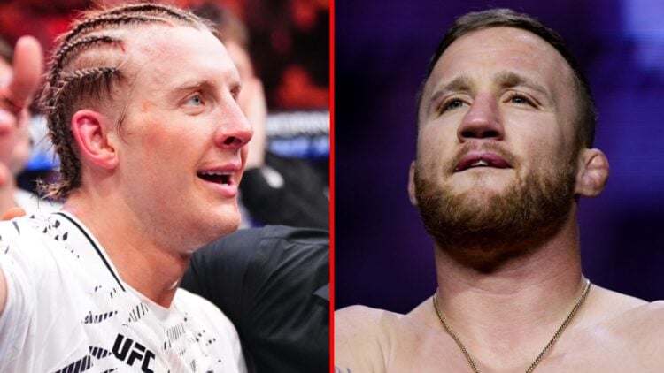 Left: Paddy Pimblett is interviewed by Joe Rogan after his UFC 314 win. Right: Justin Gaethje on stage at the UFC 300 ceremonial weigh-ins.
