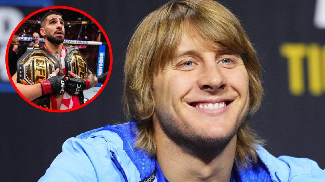 Paddy Pimblett on stage at the UFC 314 press conference, inset Ilia Topuria celebrates his UFC 317 win by holding two UFC titles