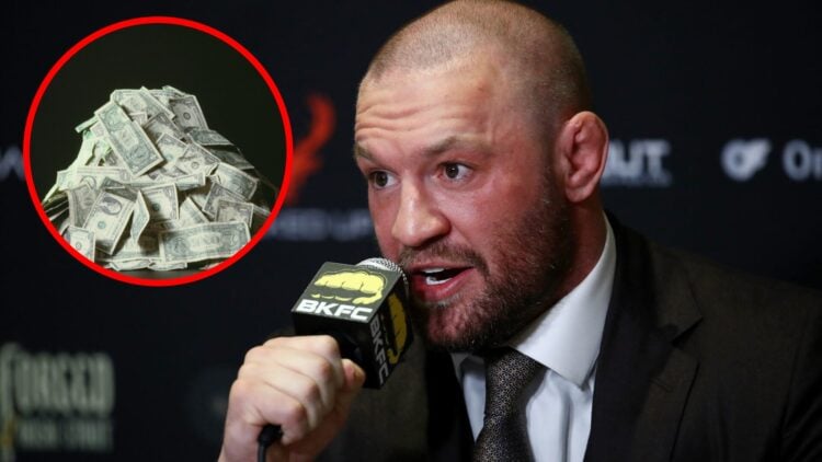 Conor McGregor speaks at a BKFC press conference, inset an image of stacked dollar bills.