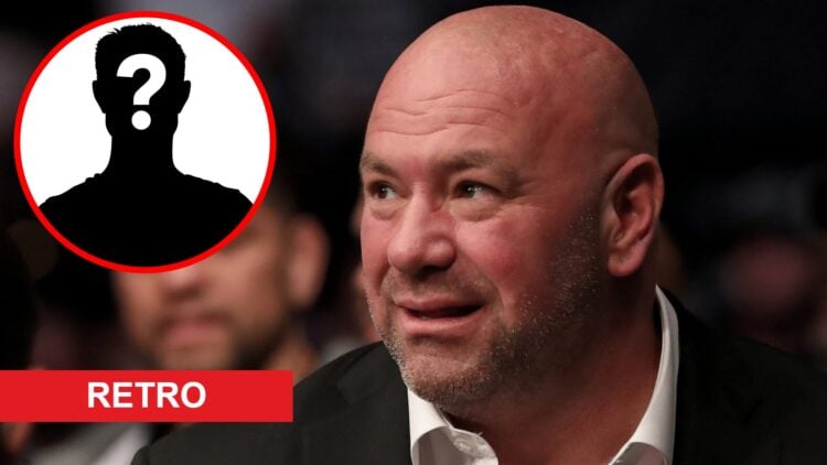 Dana White looks on during UFC 216 in Jacksonville, Florida, inset mystery icon and retro banner