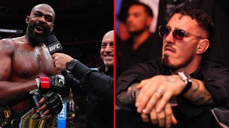 Split image of Jon Jones at UFC 309 and Tom Aspinall cageside at UFC 317