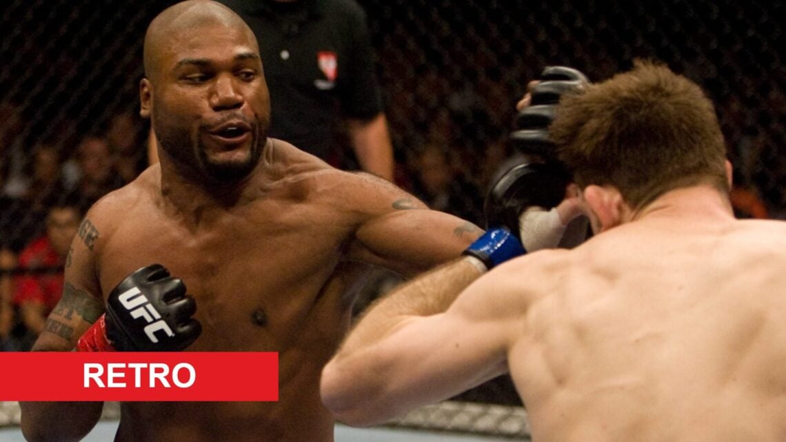 Quinton 'Rampage' Jackson punches Forrest Griffin at UFC 86, inset retro banner