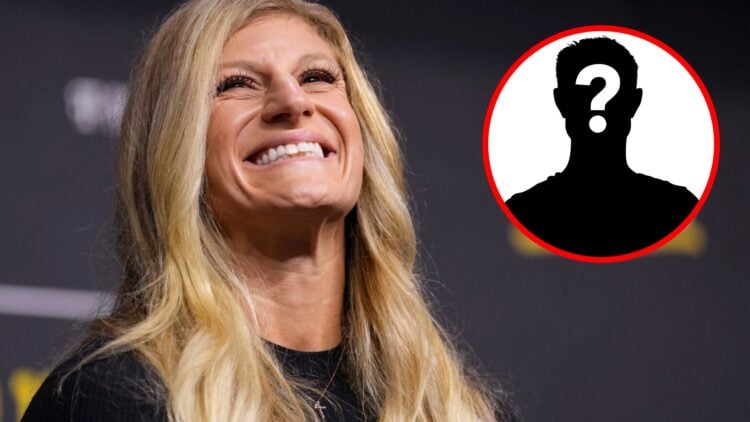 Kayla Harrison smiles on stage at a UFC Q&A session in Miami, Florida, inset mystery icon