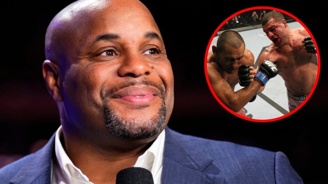 Daniel Cormier looks on during the UFC 281 broadcast in New York, inset Mauricio 'Shogun' Rua punches Dan Henderson at UFC 139