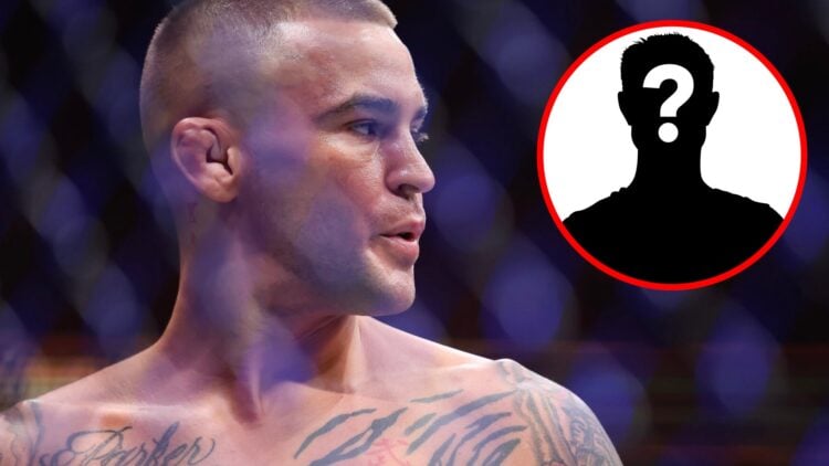 Dustin Poirier looks on ahead of his UFC 302 fight with Islam Makhachev, inset mystery icon
