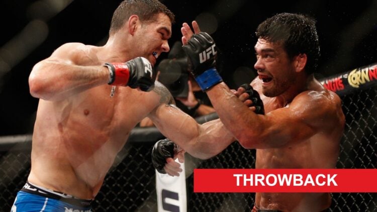 Chris Weidman and Lyoto Machida trade punches at UFC 175, inset throwback banner