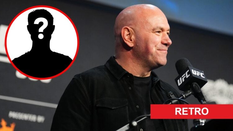 Dana White on stage at the UFC 309 press conference, inset mystery icon and retro banner