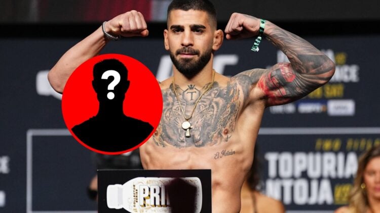 Ilia Topuria at UFC 317 weigh-ins with mystery inset