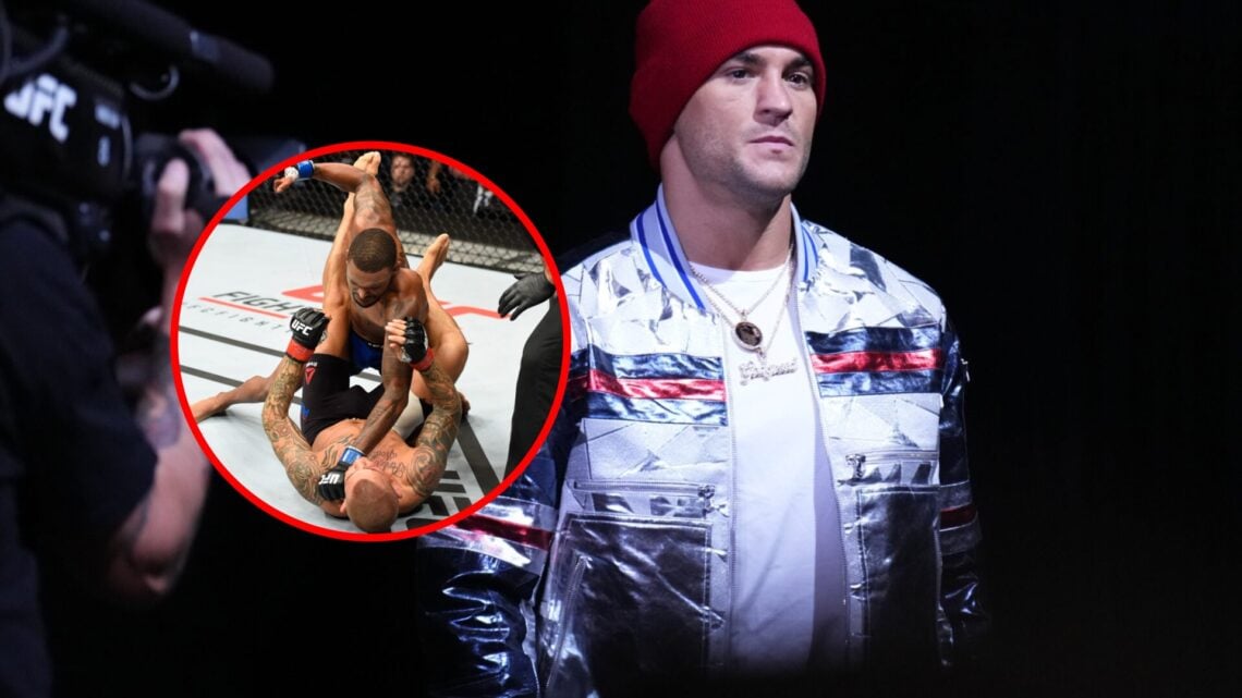 Dustin Poirier at the UFC 281 press conference, with inset of Michael Johnson knocking out Dustin Poirier in 2016