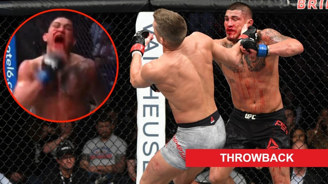 Anthony Pettis punches Stephen Thompson in their UFC Nashville fight, inset Pettis licking blood on his hand.