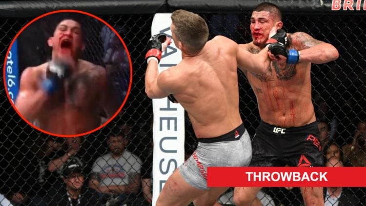 Anthony Pettis punches Stephen Thompson in their UFC Nashville fight, inset Pettis licking blood on his hand.