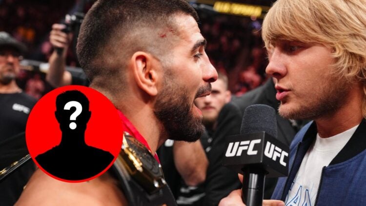 Main: Ilia Topuria and Paddy Pimblett face off inside the Octagon at UFC 317. Inset: Mystery fighter.