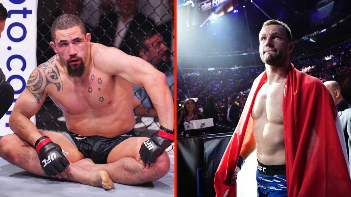 Robert Whittaker moments after his UFC 308 loss to Khamzat Chimaev and Reinier de Ridder makes his entrance to fight Kevin Holland at UFC 311