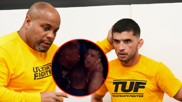 Daniel Cormier and Eduardo Henrique on 'The Ultimate Fighter 33', with inset of Henrique and Cormier celebrating at LFA 215