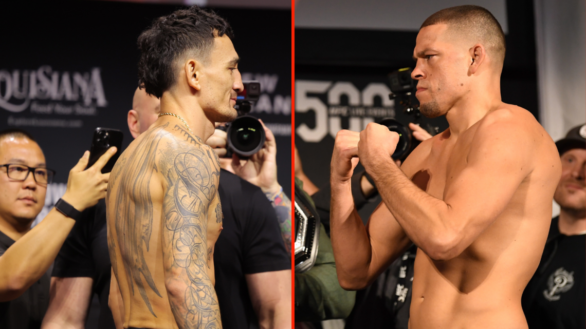 Split image of Max Holloway at UFC 318 weigh-in, Nate Diaz at UFC 244 weigh-in