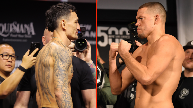 Split image of Max Holloway at UFC 318 weigh-in, Nate Diaz at UFC 244 weigh-in