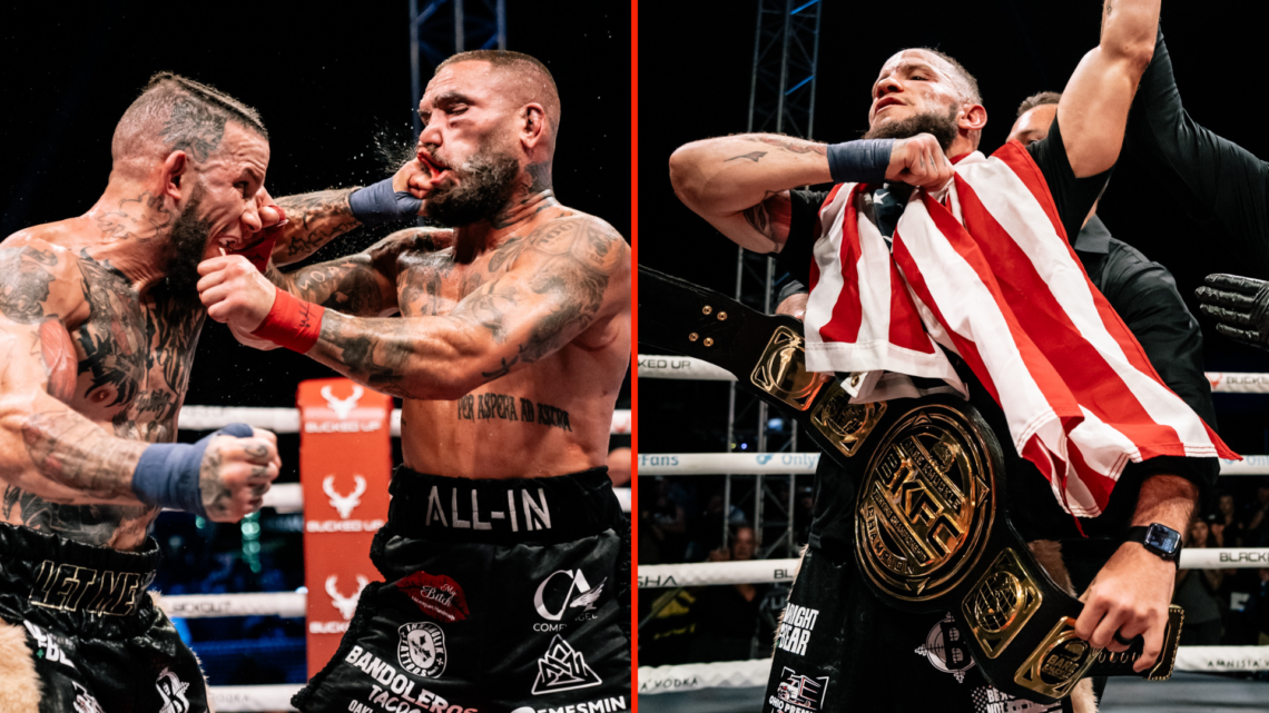 Split image of Julian Lane punching Gorjan Slaveski, Julian Lane with BKFC belt at BKFC 79