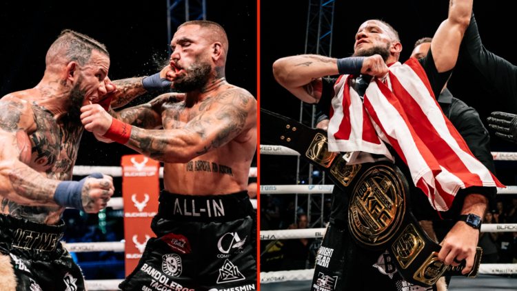 Split image of Julian Lane punching Gorjan Slaveski, Julian Lane with BKFC belt at BKFC 79