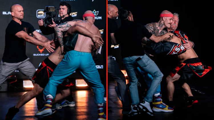 Split image of Will Santiago and Drew Stuve altercation at BKFC Edmonton weigh-ins