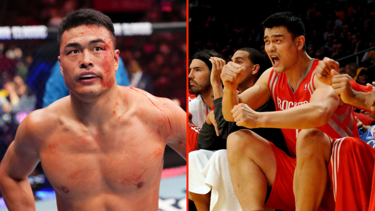 Split image of Zhang Mingyang at UFC Kansas City,