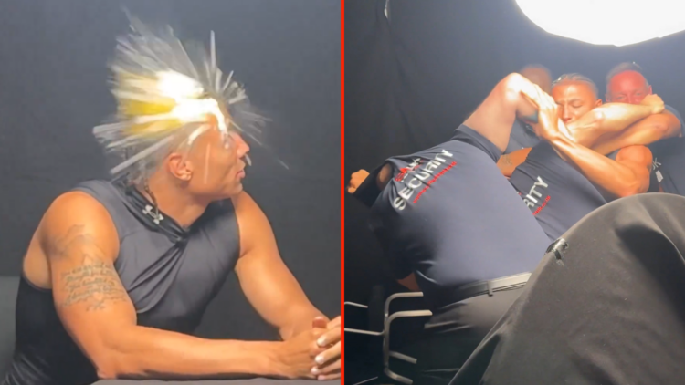 Split image of Chase DeMoor getting hit with egg, Chase DeMoor restrained by four security guards during Misfits Boxing interview