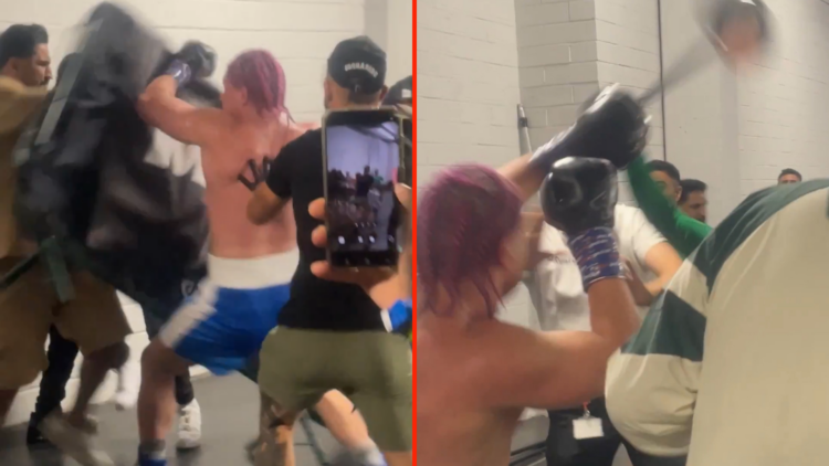 Split image of Natan Marcon getting into backstage brawl at Misfits 22