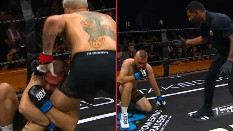Derik Freitas holding onto Bryan Battle's leg at Dirty Boxing 3, Freitas on one knee at Dirty Boxing 3