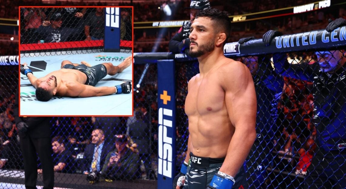 Aaron Pico prepares to face Lerone Murphy, inset of Aaron Pico KO'd at UFC 319