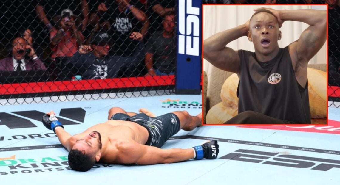 Aaron Pico knocked out at UFC 319, inset screenshot of Israel Adesanya's live reaction