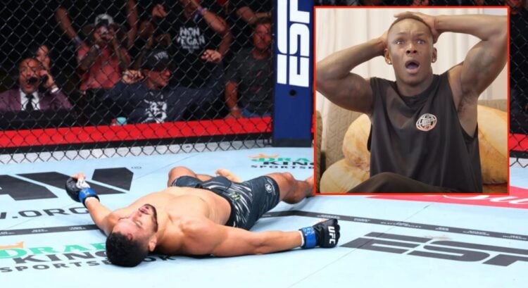 Aaron Pico knocked out at UFC 319, inset screenshot of Israel Adesanya's live reaction